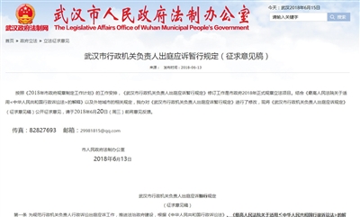 6月13日，武汉市政府法制办官网发布《武汉市行政机关负责人出庭应诉暂行规定》。图/武汉市政府法制办官网